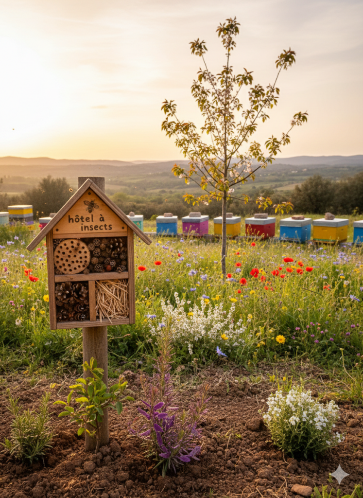 Photo générée par IA pour illustrer l'article sur le parrainage de la biodiversité. On voit un hotel à insecte, un arbre, une prairie fleurie et des ruches.
